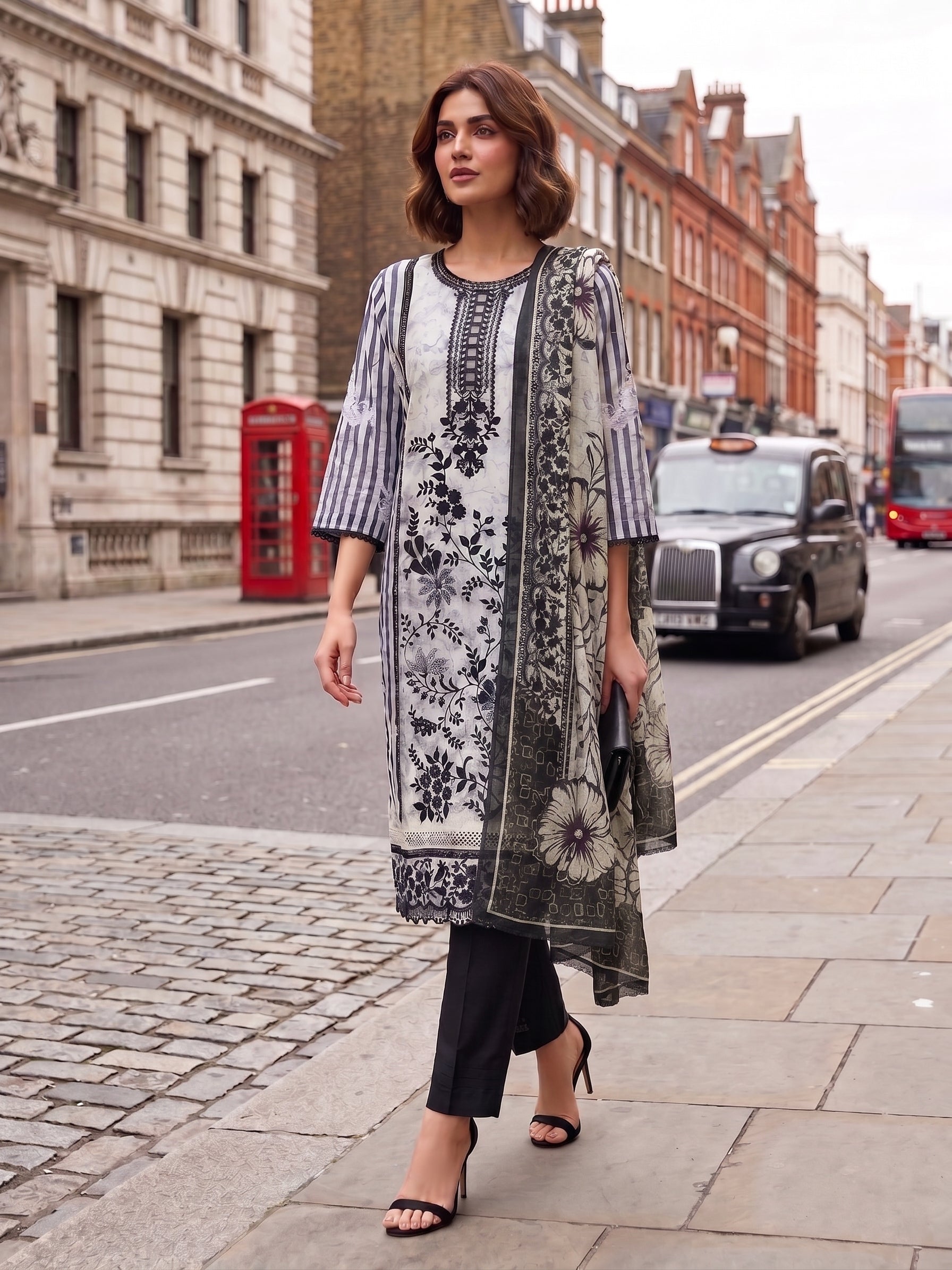 Light Grey Digital Print And Embroidered Three Piece Suit