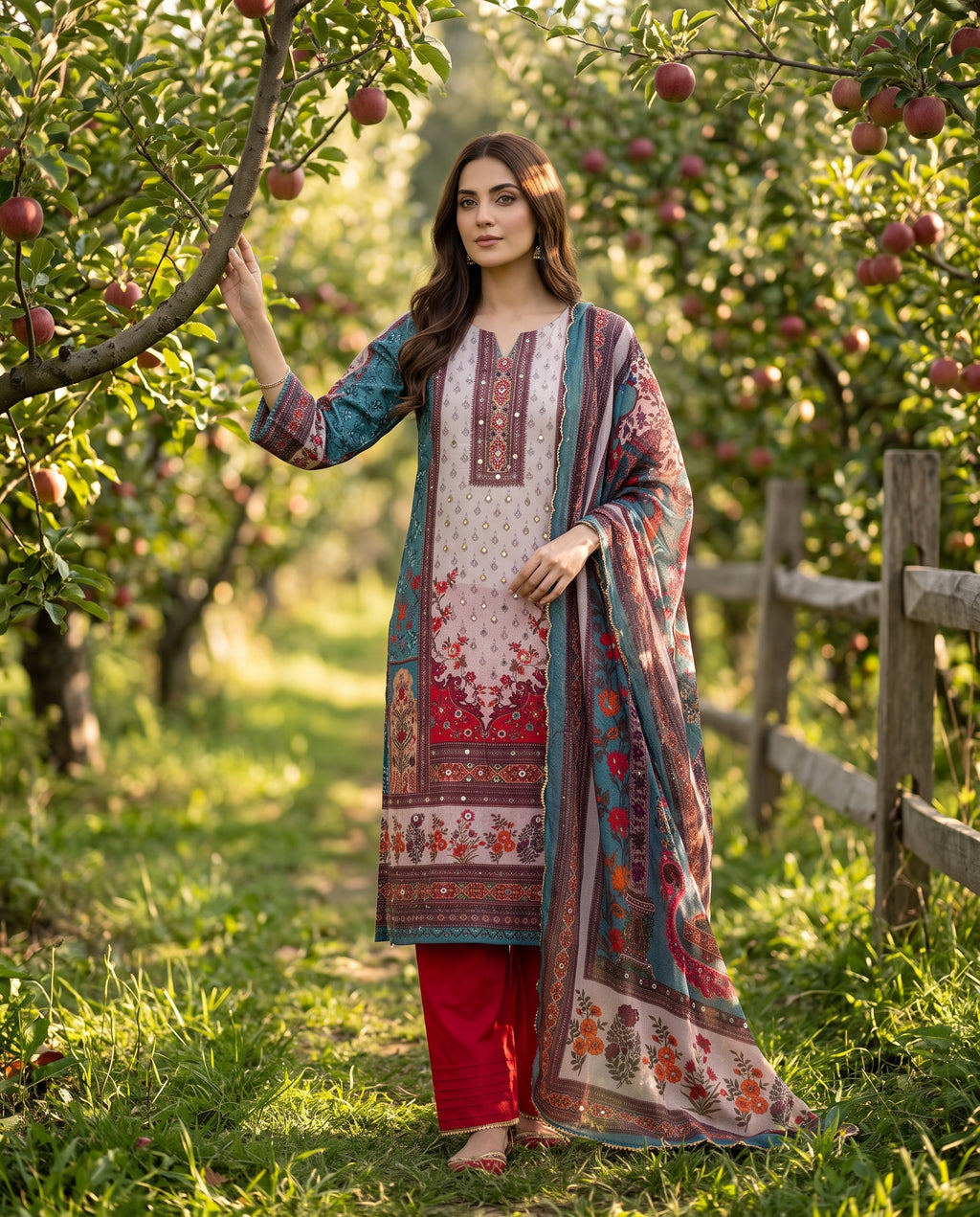 Ivory and Teal Embroidered Three-Piece Suit