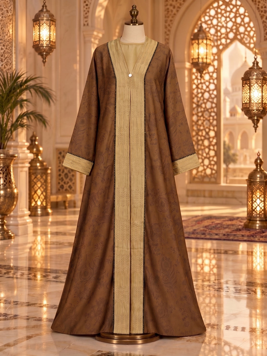 Caramel Brown Layered Abaya with Antique Gold Inner And Matching Hijab