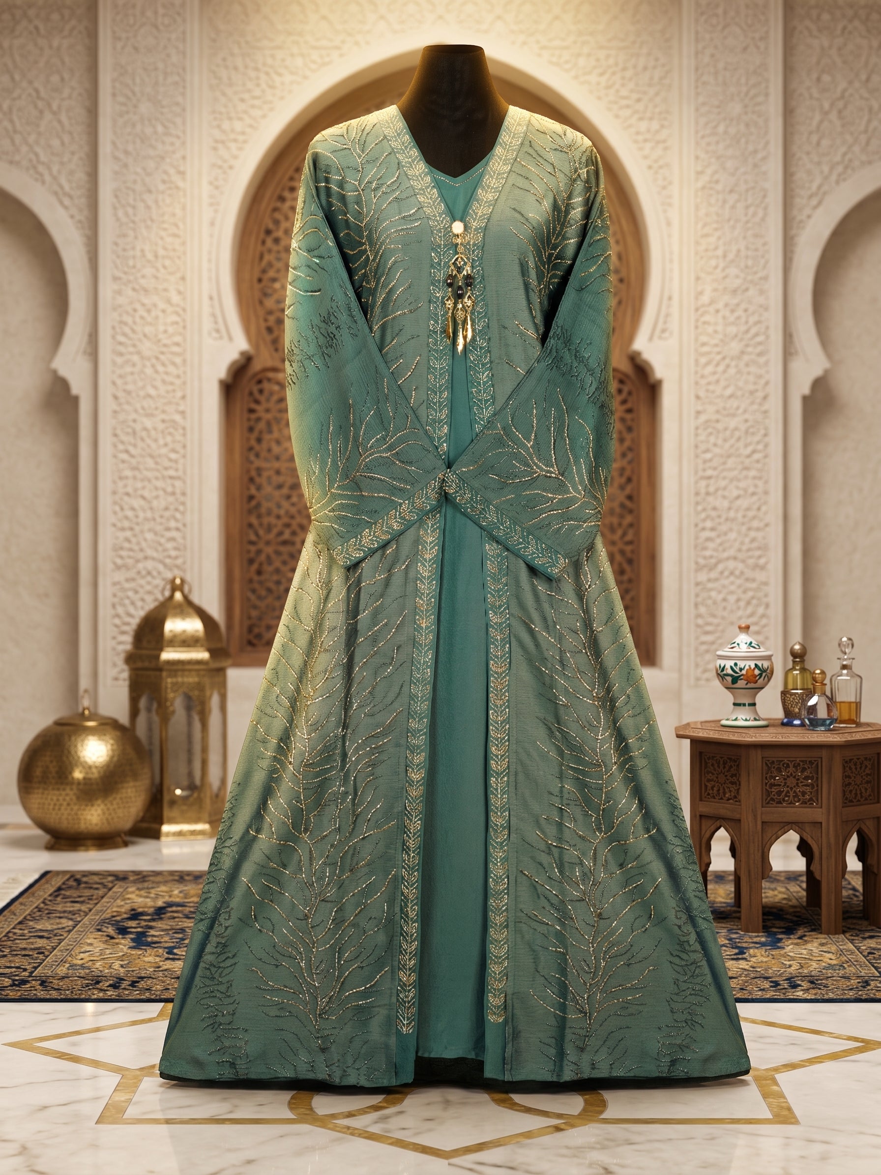 Teal Green Embroidered Saffron Abaya