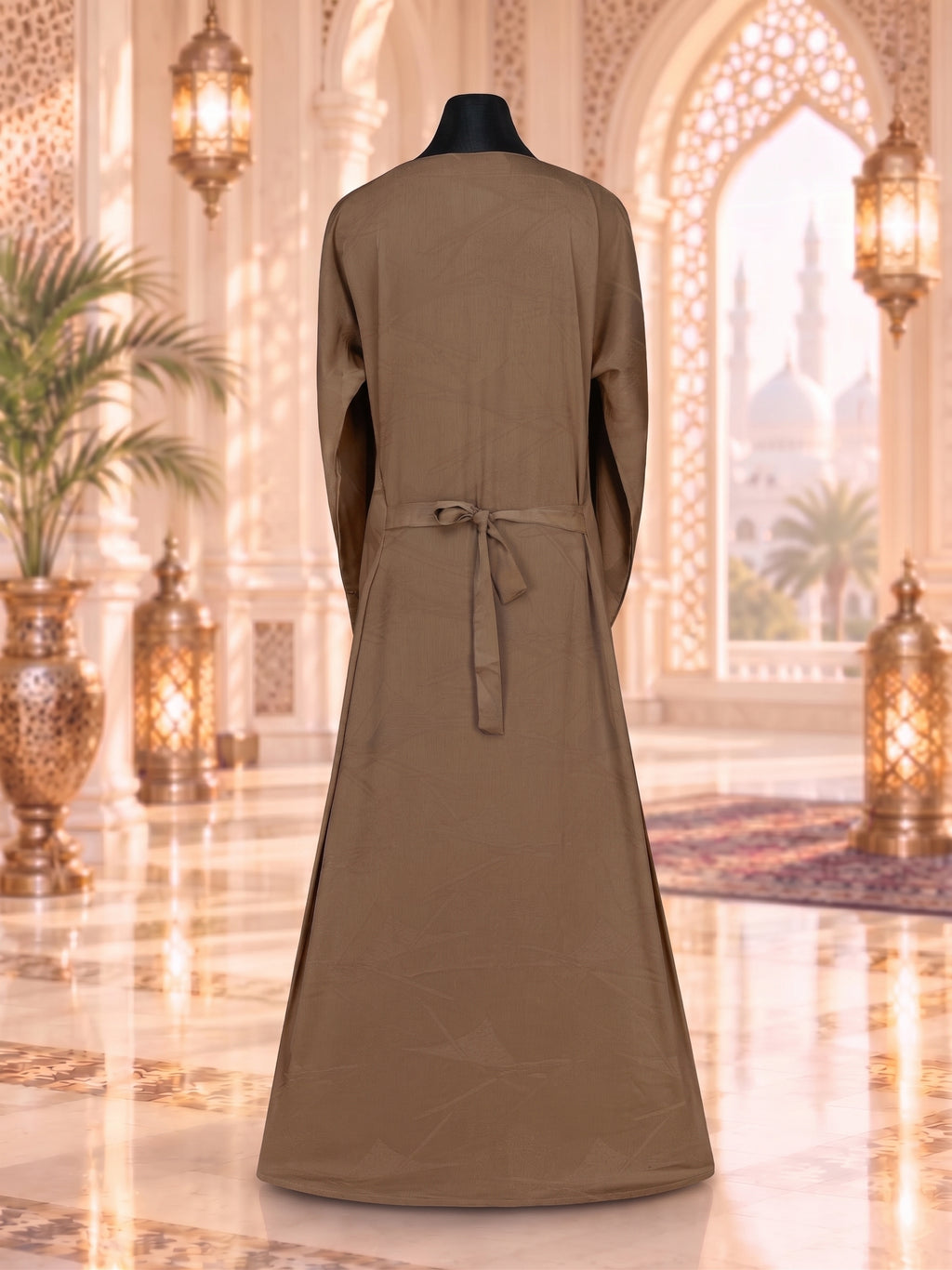 Warm Cocoa Brown Printed Zafran Abaya with Beaded Lace Trim
