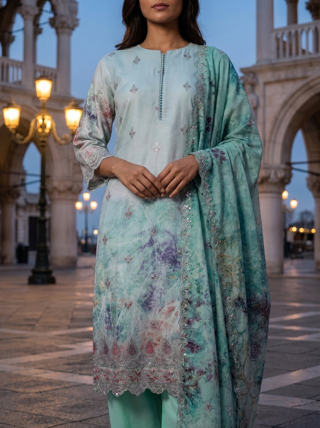 Mint Green Embroidered Cotton Three-Piece Suit