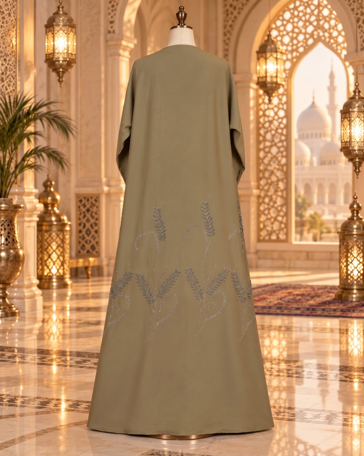 Muted Khaki Taupe Hand-Embellished Abaya with Matching Hijab