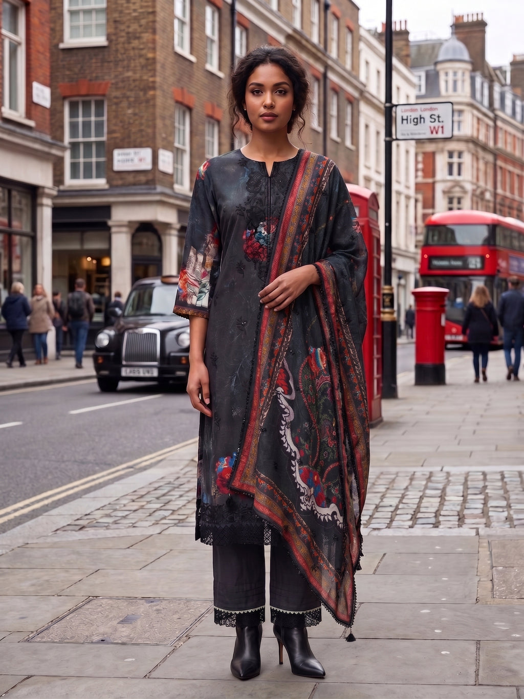 Charcoal Embroidered And Digital Print Three Piece Suit