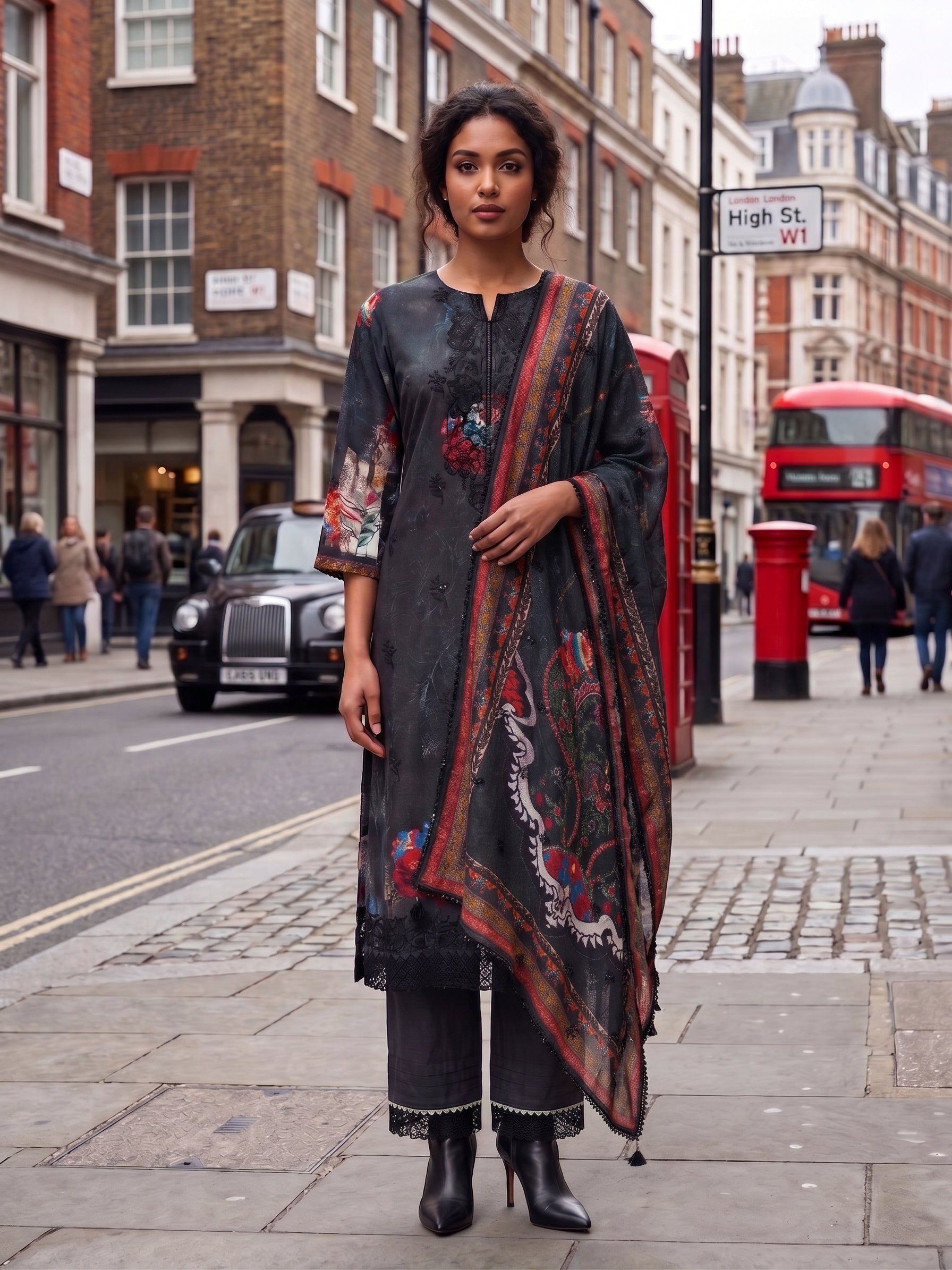Charcoal Embroidered And Digital Print Three Piece Suit