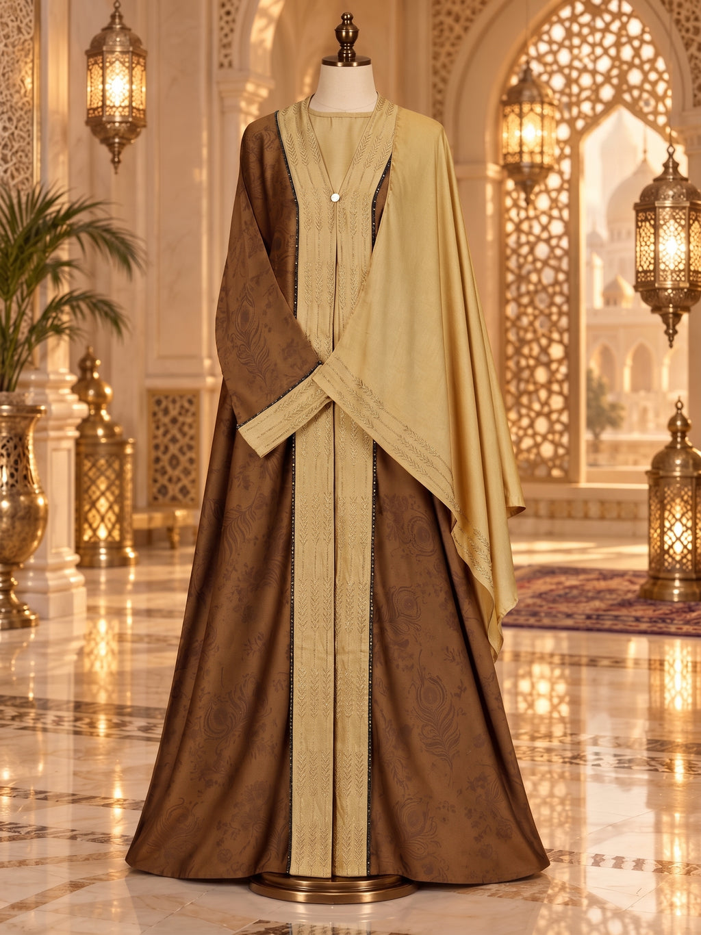 Caramel Brown Layered Abaya with Antique Gold Inner And Matching Hijab