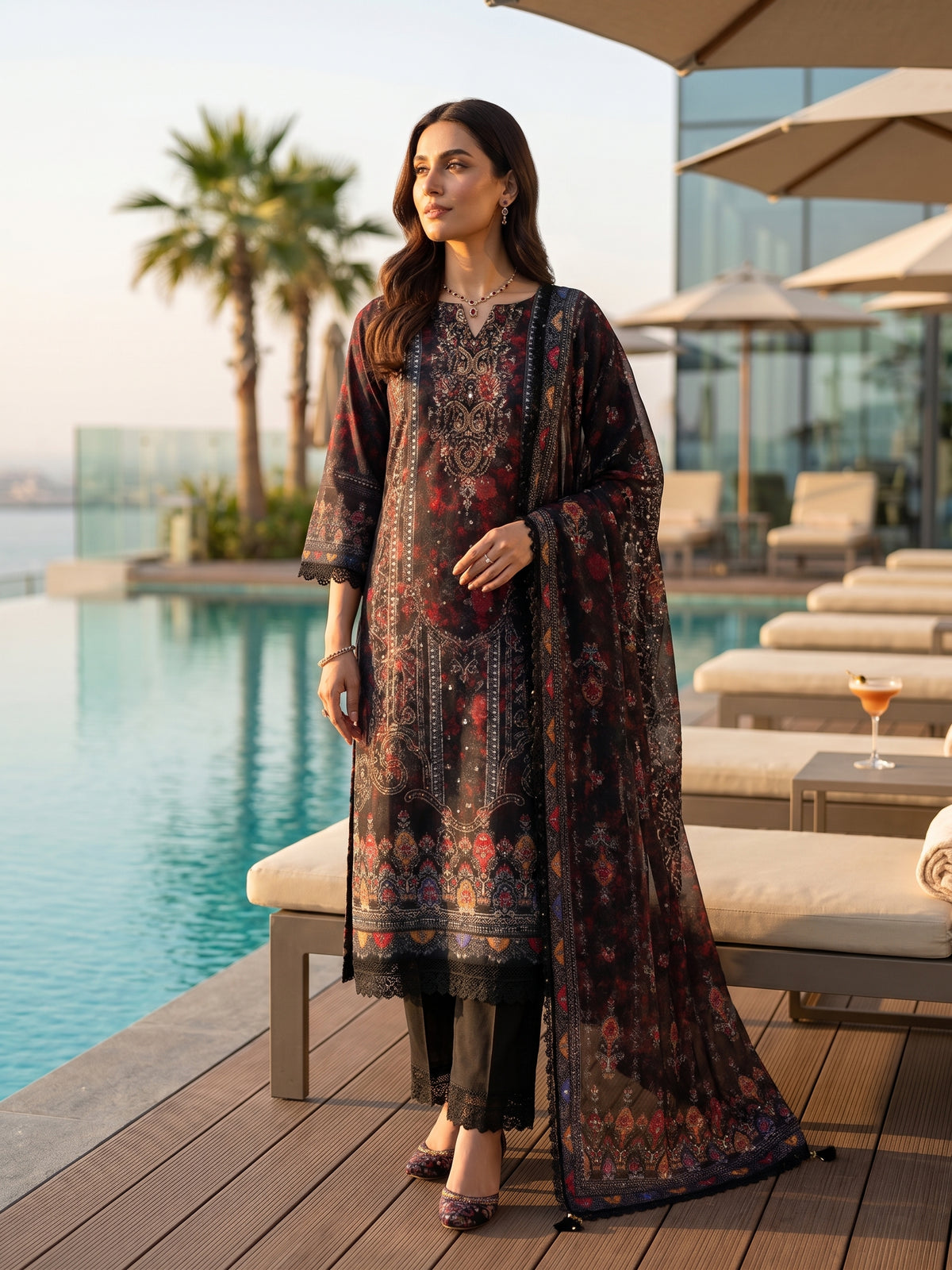 Black Embellished Cotton Three-Piece Suit