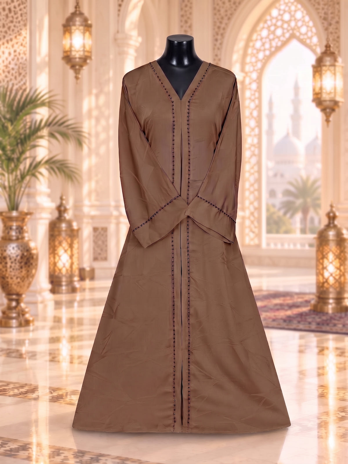Warm Cocoa Brown Printed Zafran Abaya with Beaded Lace Trim