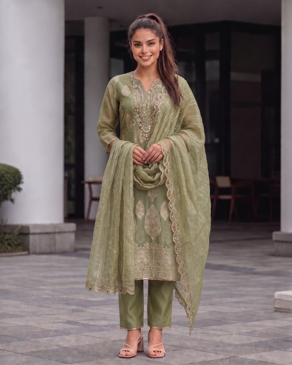 Light Olive Zardozi Embroidered Silk Three Piece Suit