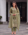 Light Olive Zardozi Embroidered Silk Three Piece Suit