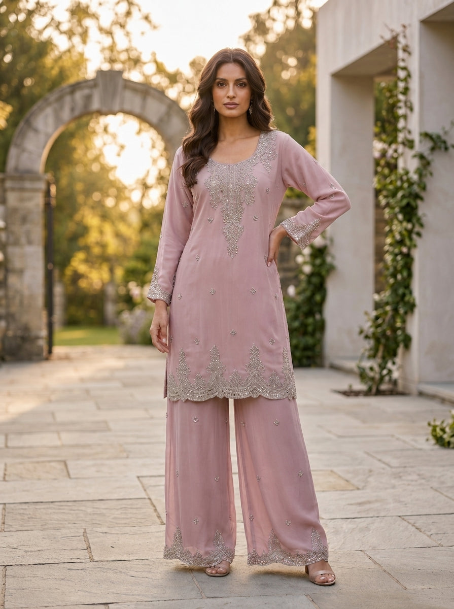 Light Brown Chiffon Zardozi Three Piece Suit