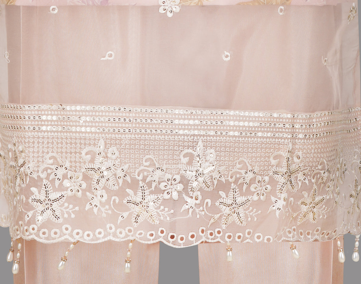 Soft Blush Organza Embroidered Three-Piece Set with Pearl Tassel Dupatta