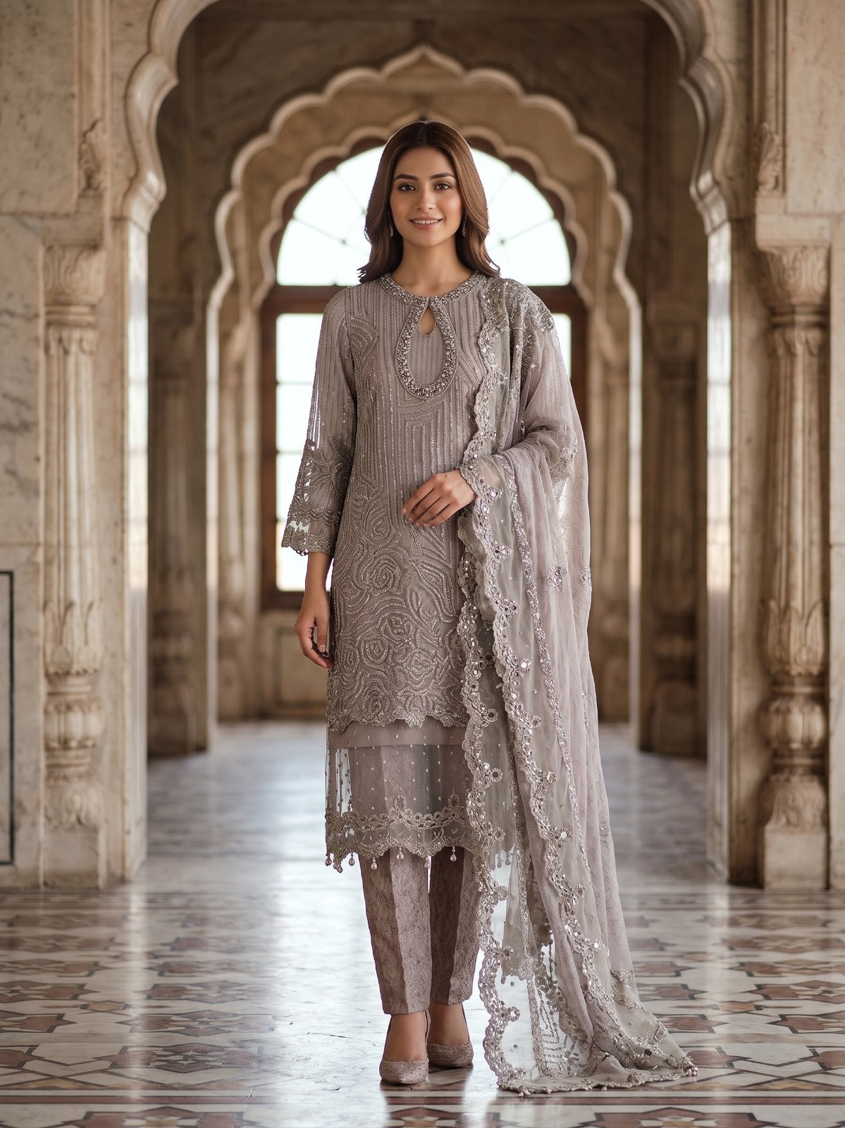 Dove Grey Embellished Chiffon Three-Piece Suit