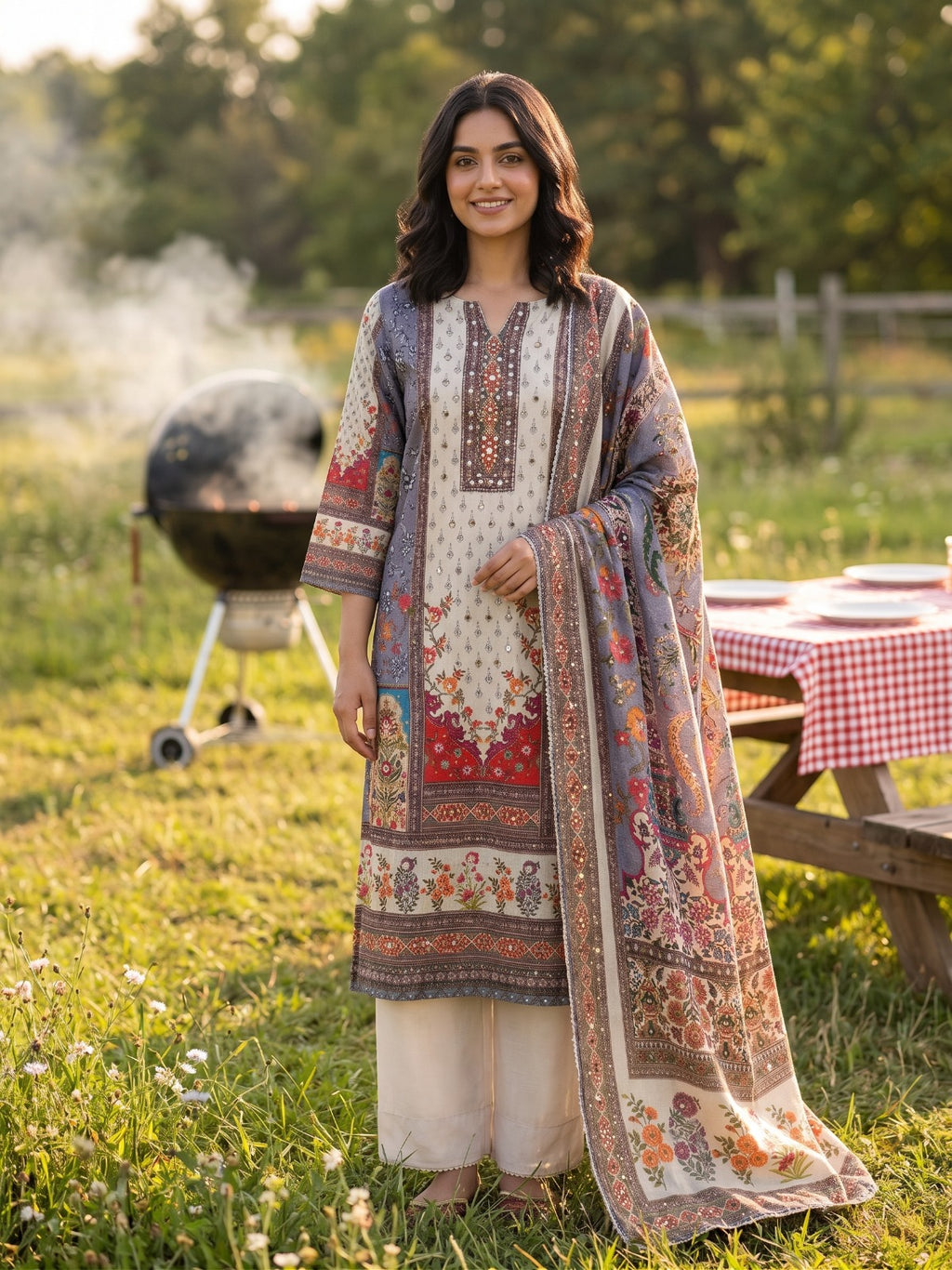 Ivory And Crimson Embellished Cotton Three-Piece Suit