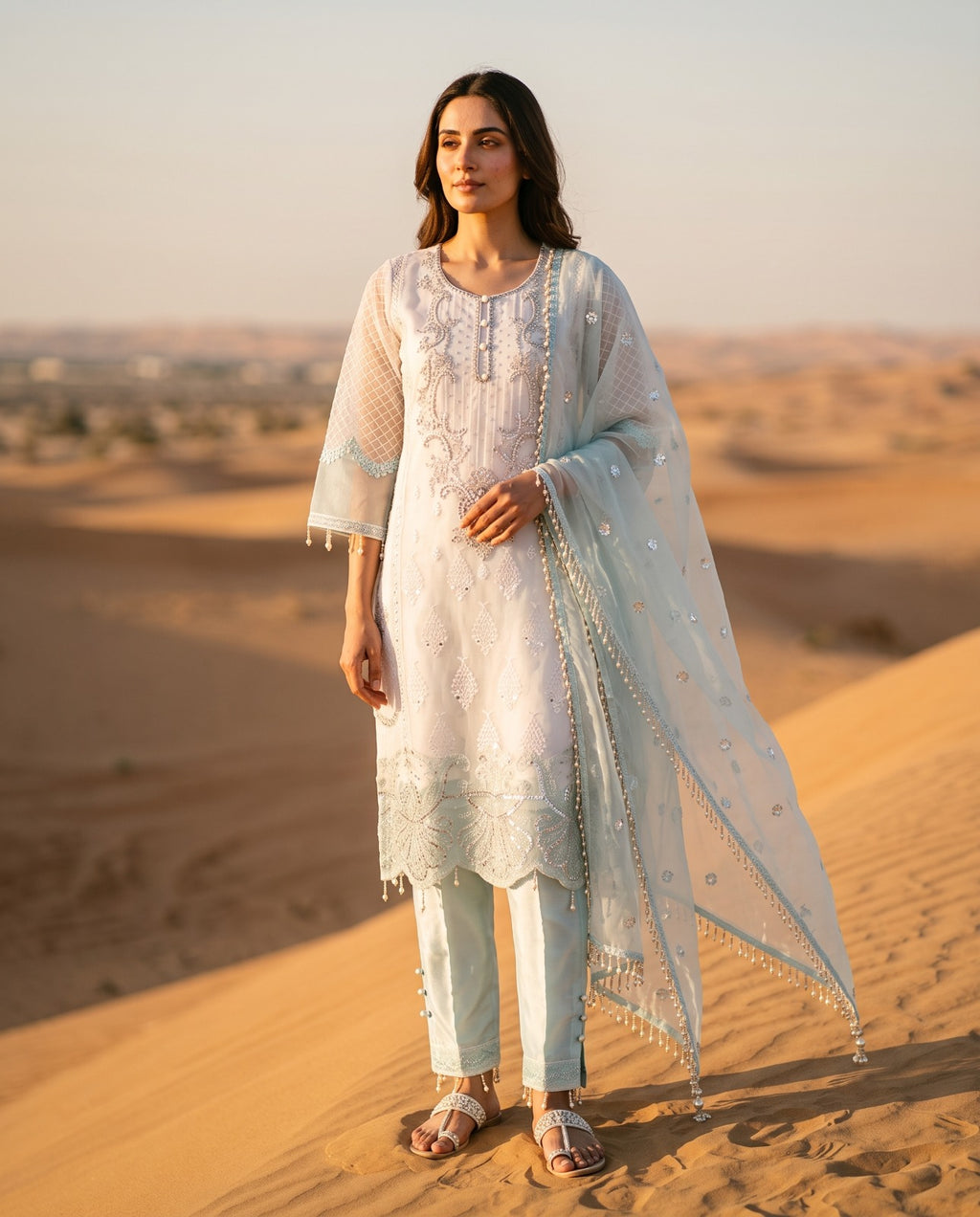 Ivory White and Ice Blue Embroidered Three-Piece Set