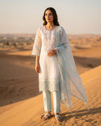 Ivory White and Ice Blue Embroidered Three-Piece Set