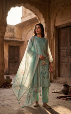 Mint Green Embroidered Cotton Three-Piece Set