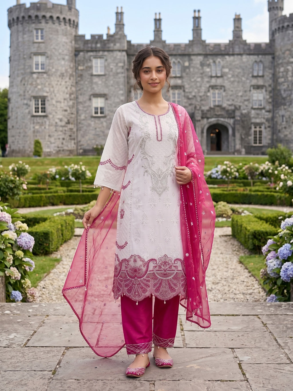 Ivory White And Magenta Pink Embroidered Three Piece Suit