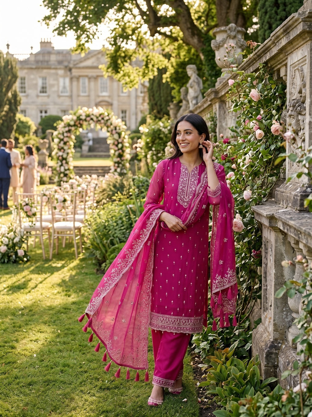 Raspberry Magenta Embroidered Organza Three-Piece Suit