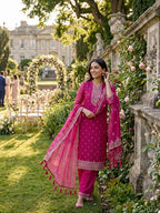 Raspberry Magenta Embroidered Organza Three-Piece Suit