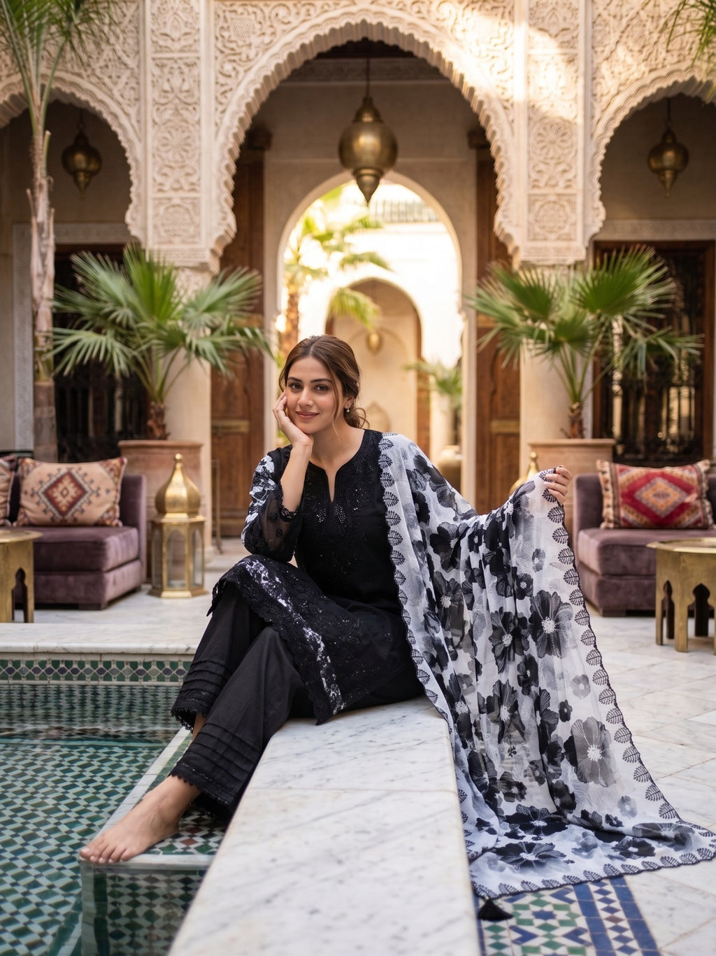Noir Bloom Black Embroidered Rayon  Three-Piece Suit