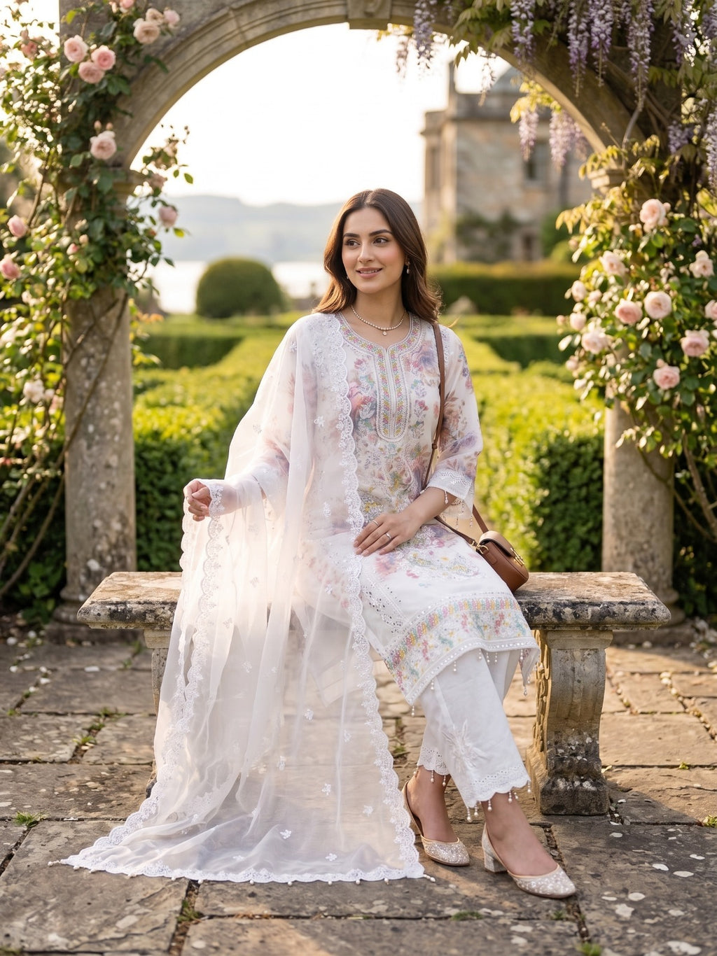 Ivory Blossom Embroidered Organza Three-Piece Suit