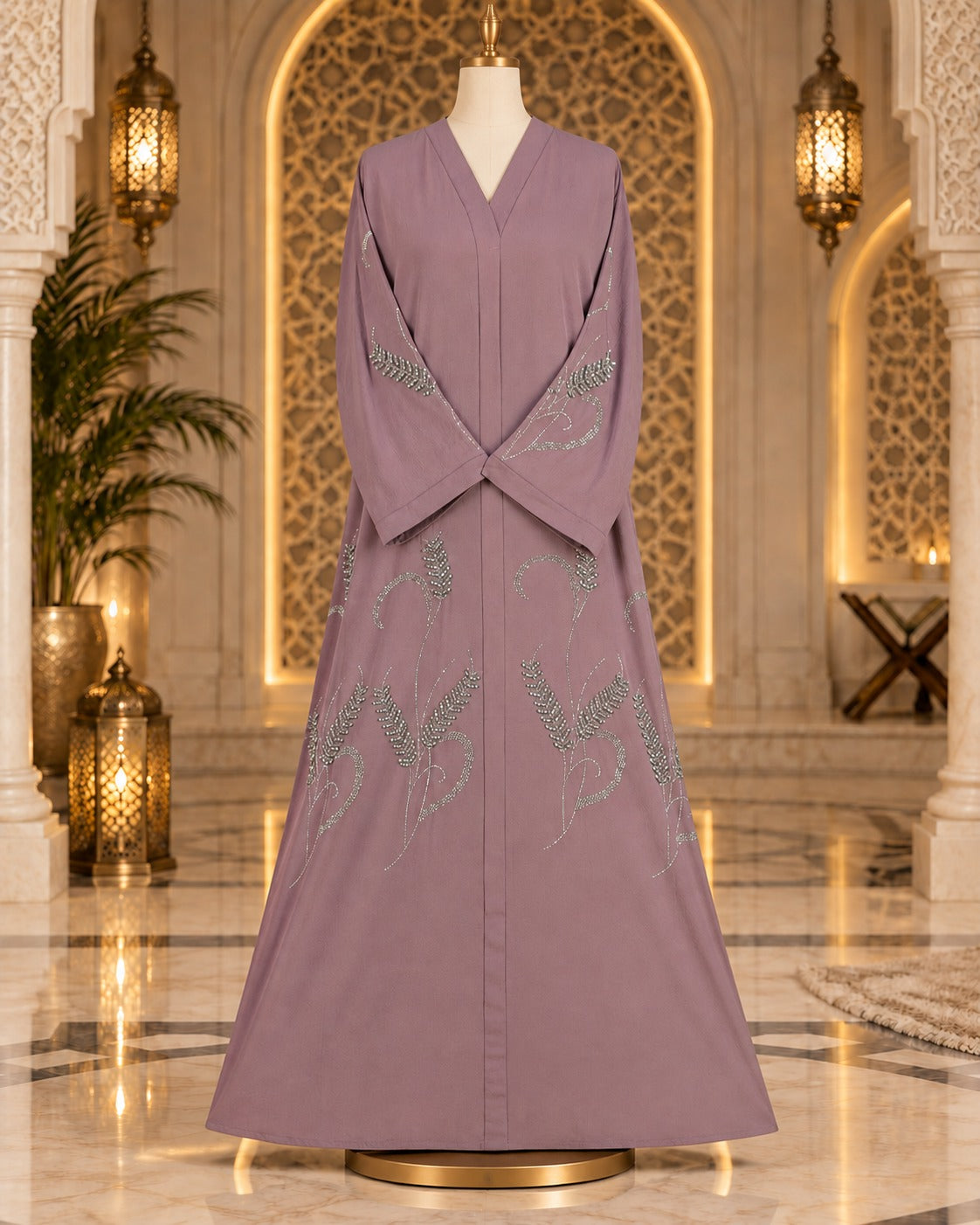 Dusty Mauve Embellished Abaya with Silver Botanical Detailing