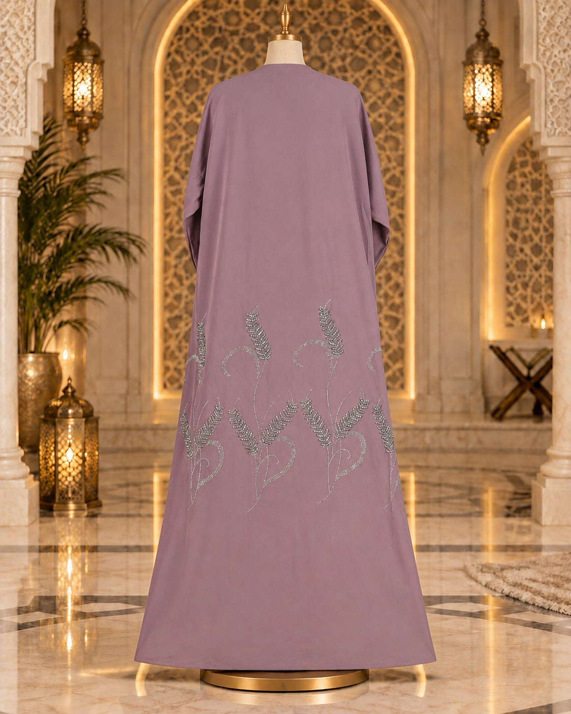 Dusty Mauve Embellished Abaya with Silver Botanical Detailing
