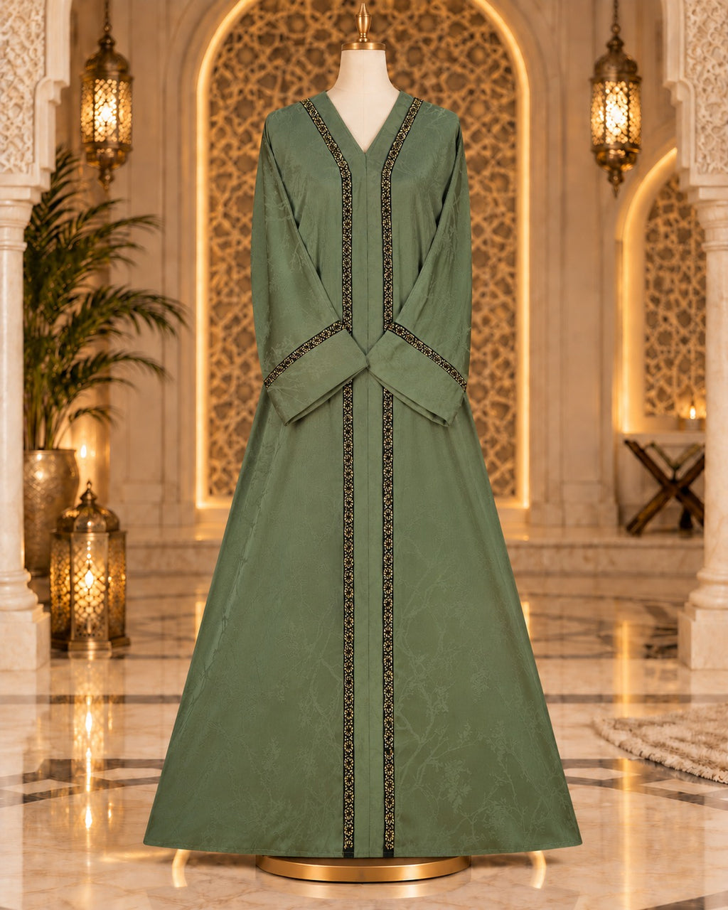 Soft Sage Olive Abaya with Antique Gold Embellished Trim