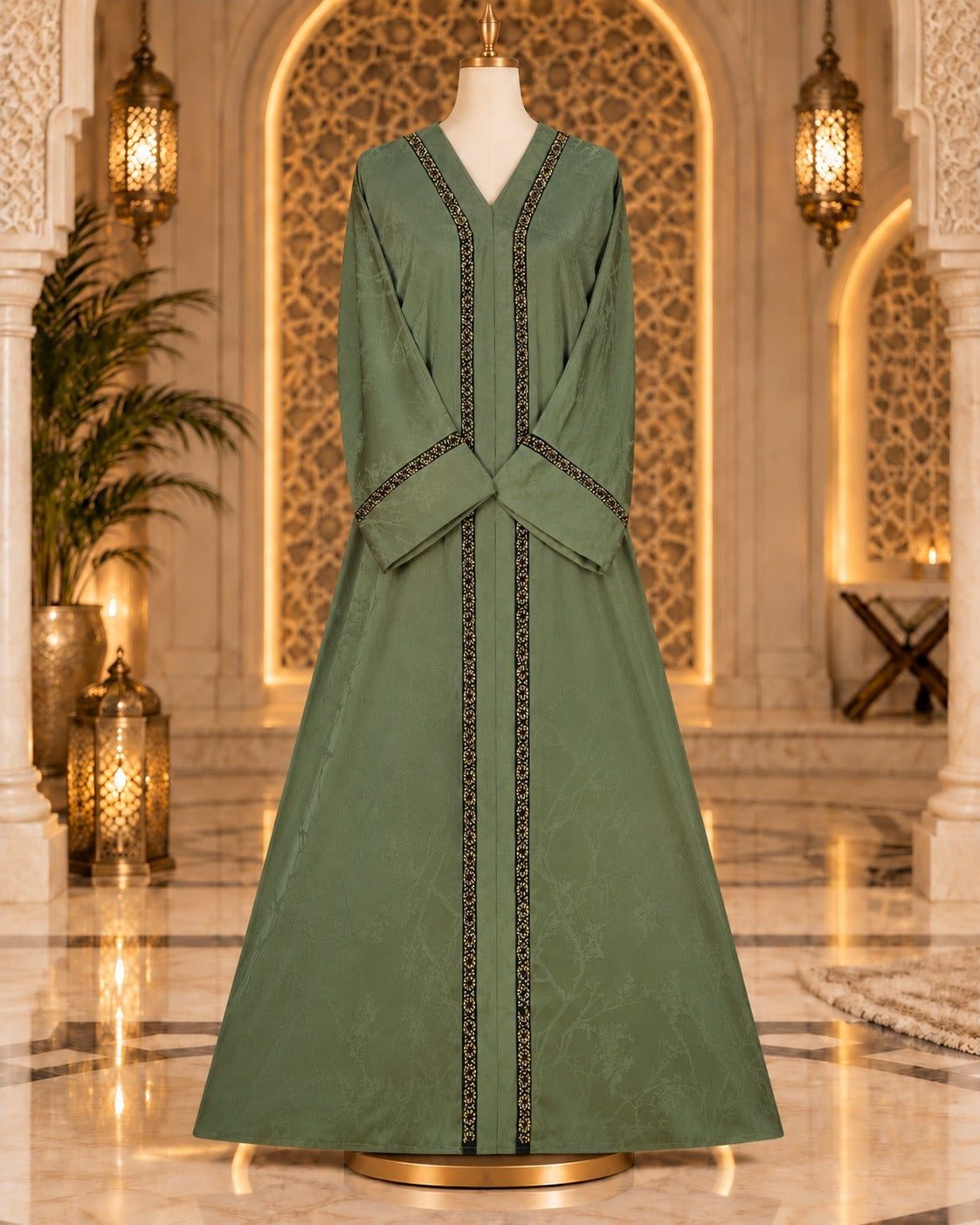 Soft Sage Olive Abaya with Antique Gold Embellished Trim