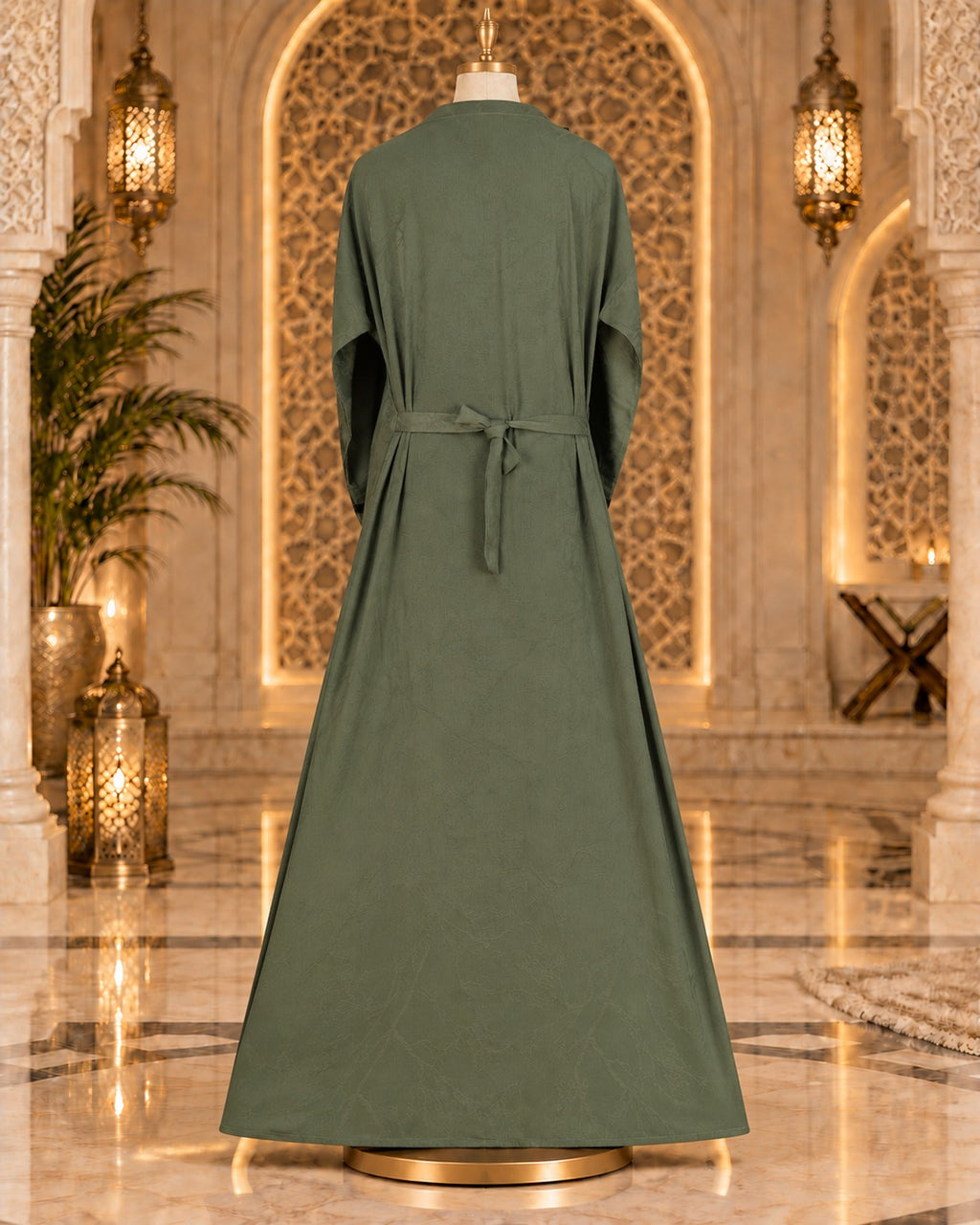Soft Sage Olive Abaya with Antique Gold Embellished Trim
