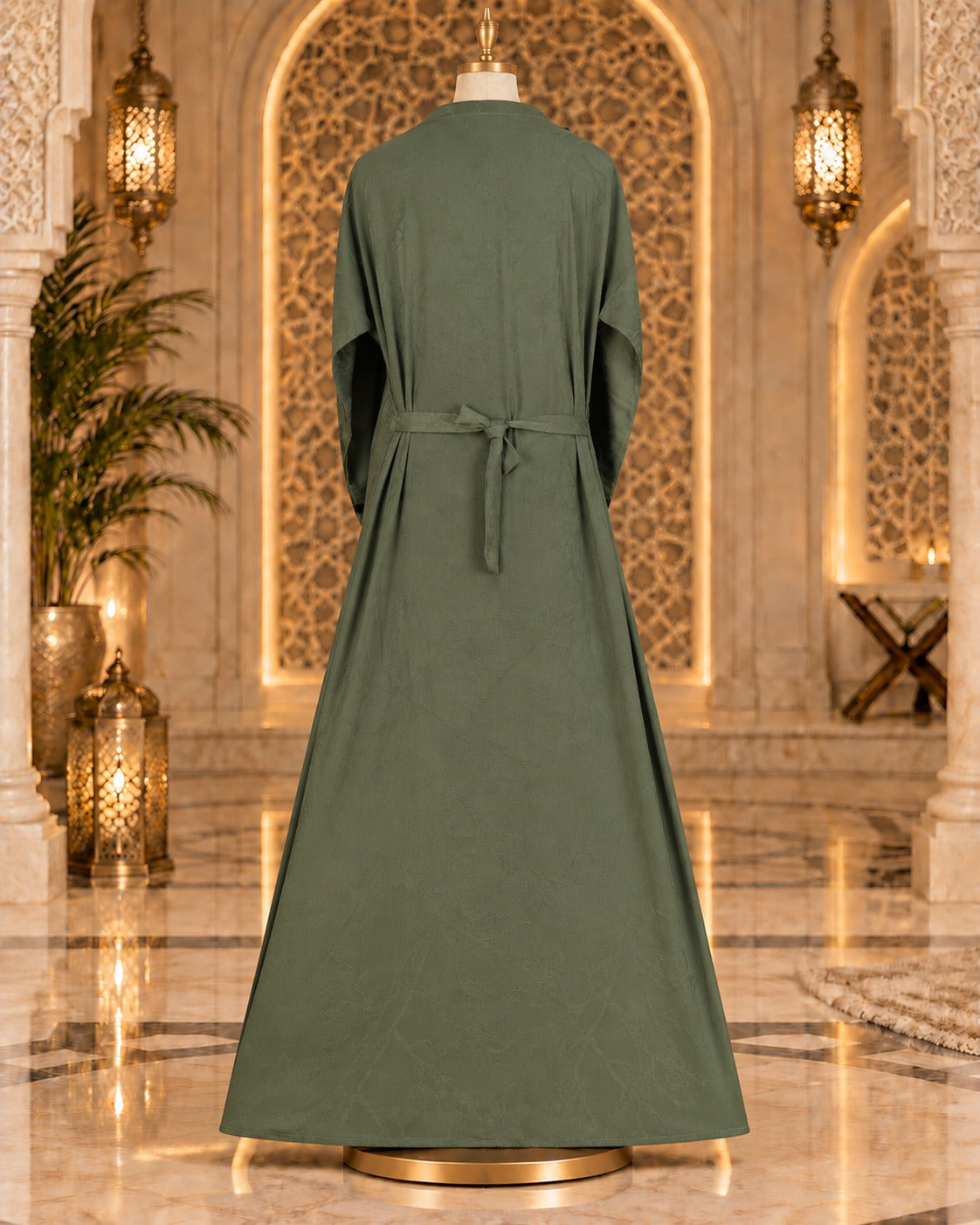 Soft Sage Olive Abaya with Antique Gold Embellished Trim