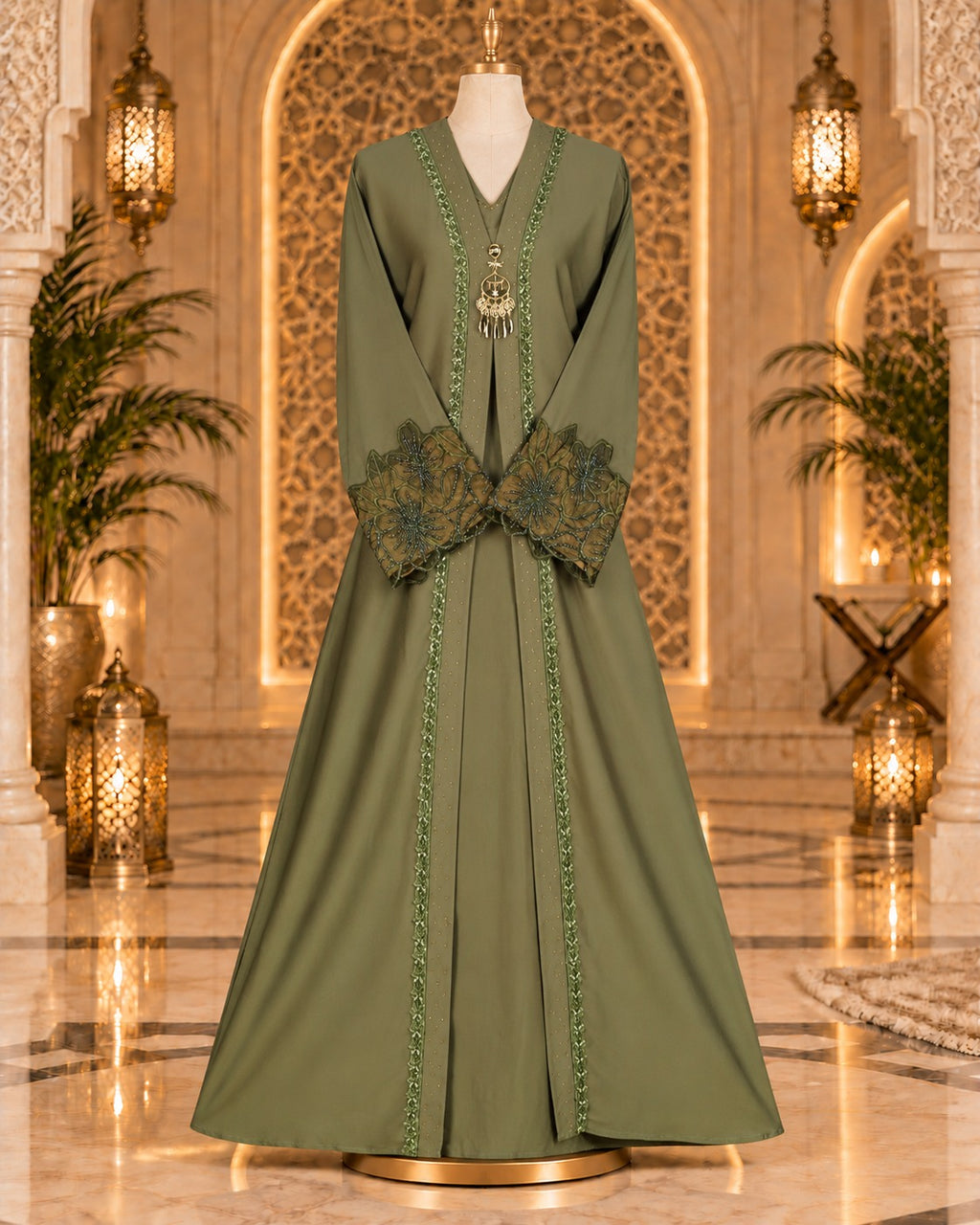 Soft Olive Embellished Abaya with Statement Floral Cuffs