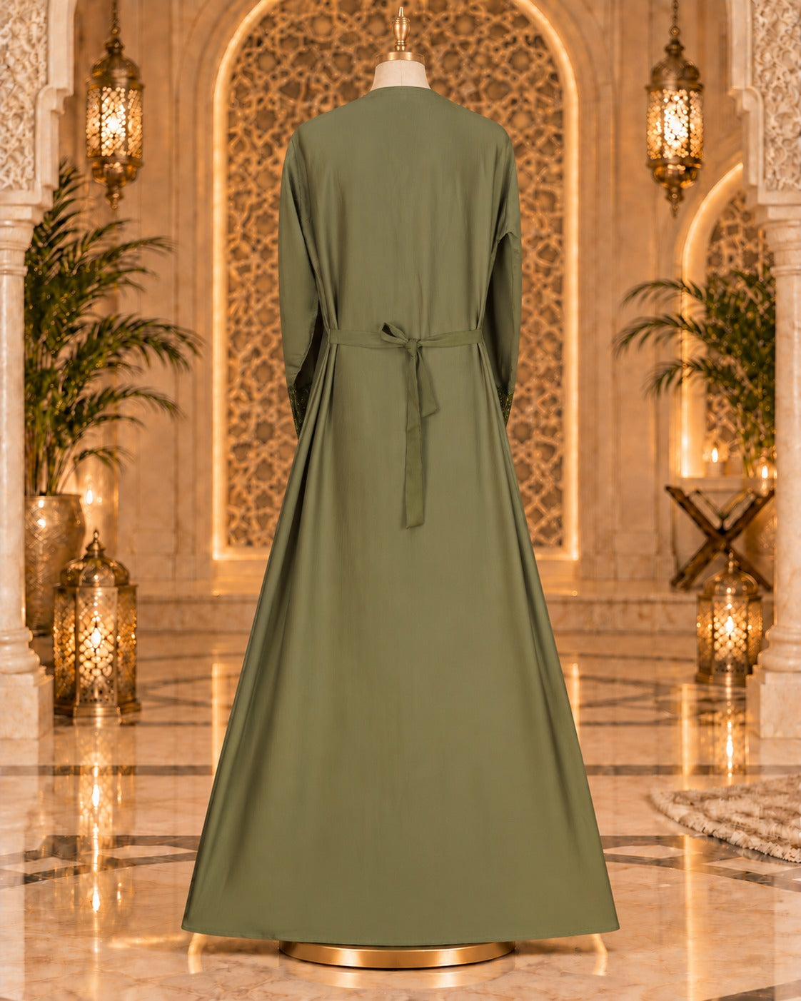 Soft Olive Embellished Abaya with Statement Floral Cuffs