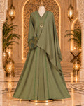 Soft Olive Embellished Abaya with Statement Floral Cuffs