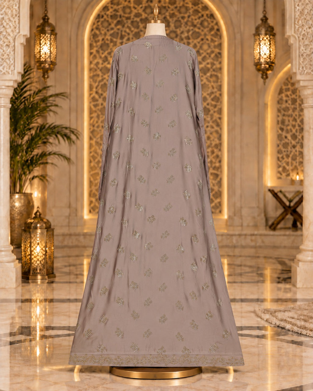 Warm Taupe Embellished Abaya with Antique Gold And Silver Detailing