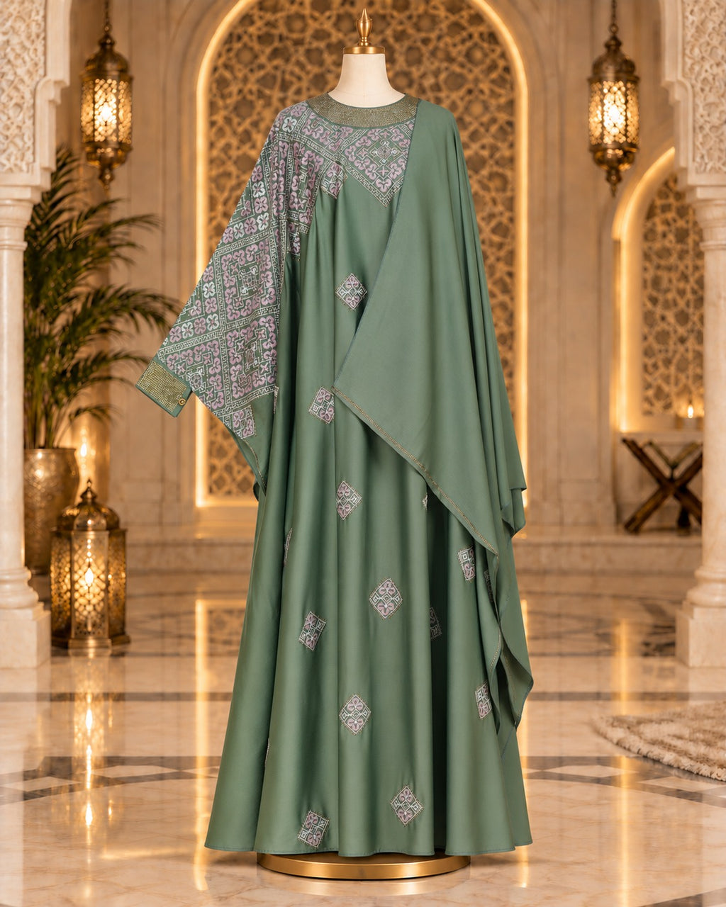 Muted Sage Green Embroidered Butterfly Abaya with Matching Hijab
