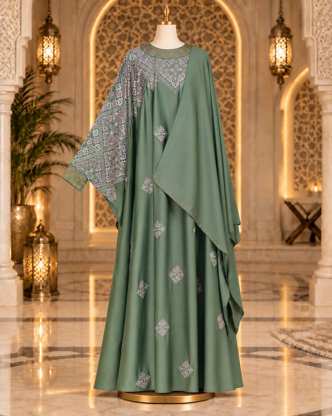 Muted Sage Green Embroidered Butterfly Abaya with Matching Hijab