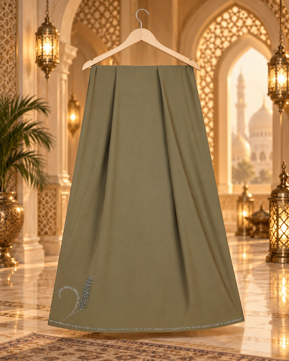 Muted Khaki Taupe Hand-Embellished Abaya with Matching Hijab