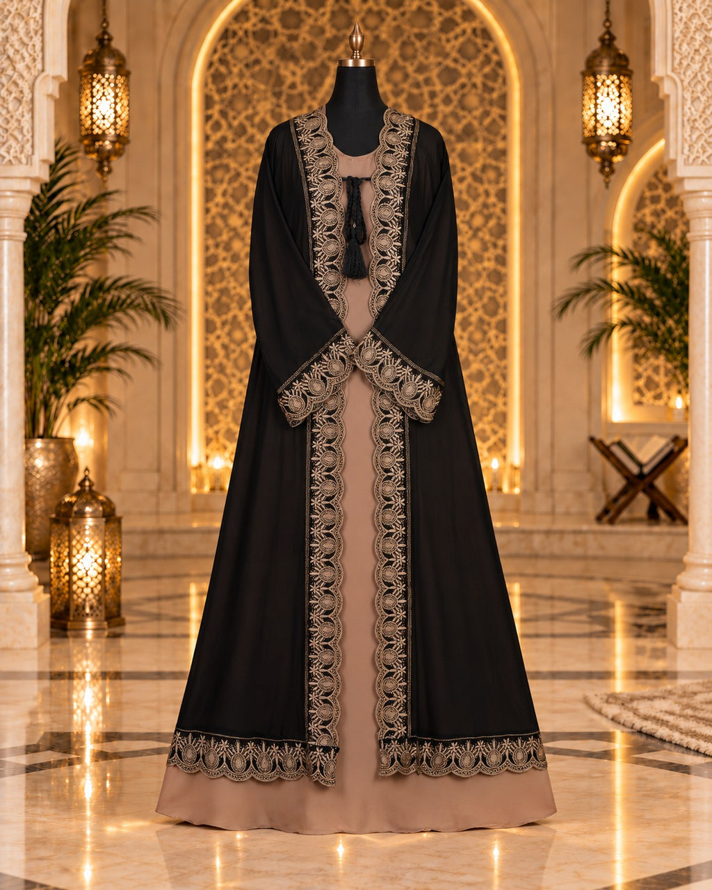 Black And Taupe Embroidered Cape Abaya with Antique Gold Detailing