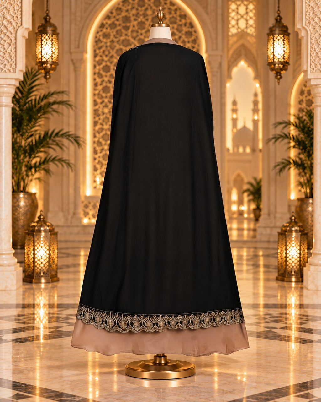 Black And Taupe Embroidered Cape Abaya with Antique Gold Detailing