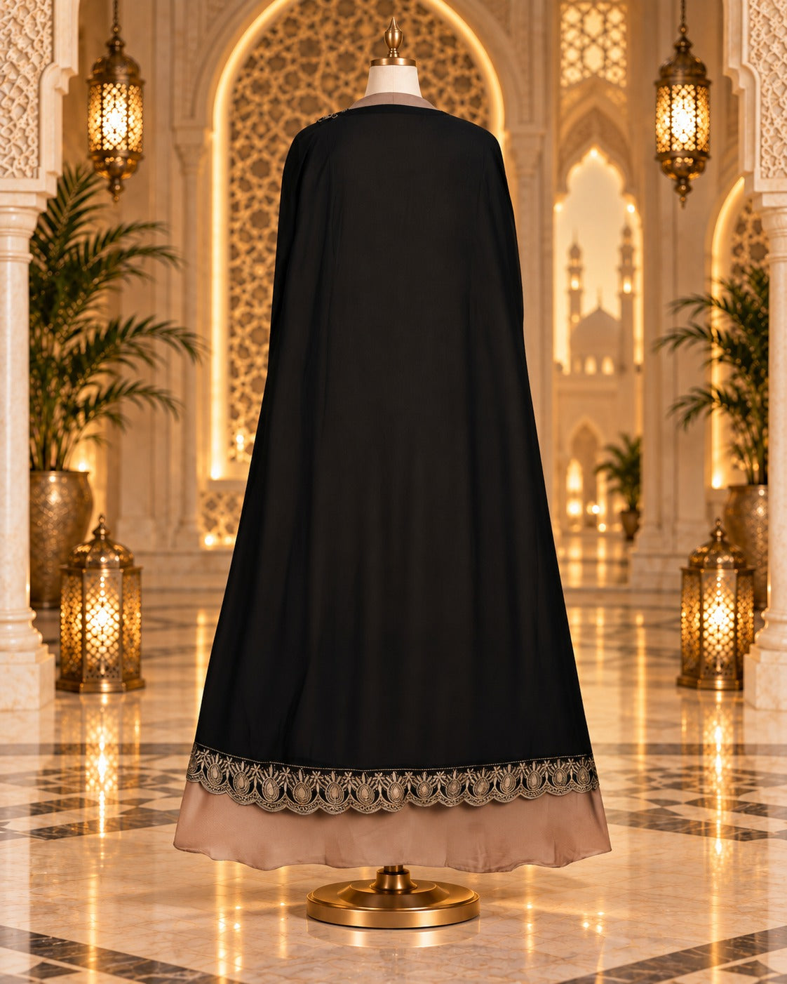 Black And Taupe Embroidered Cape Abaya with Antique Gold Detailing