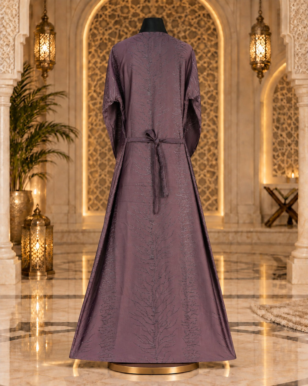 Dusty Plum Embroidered Layered Abaya with Matching Hijab
