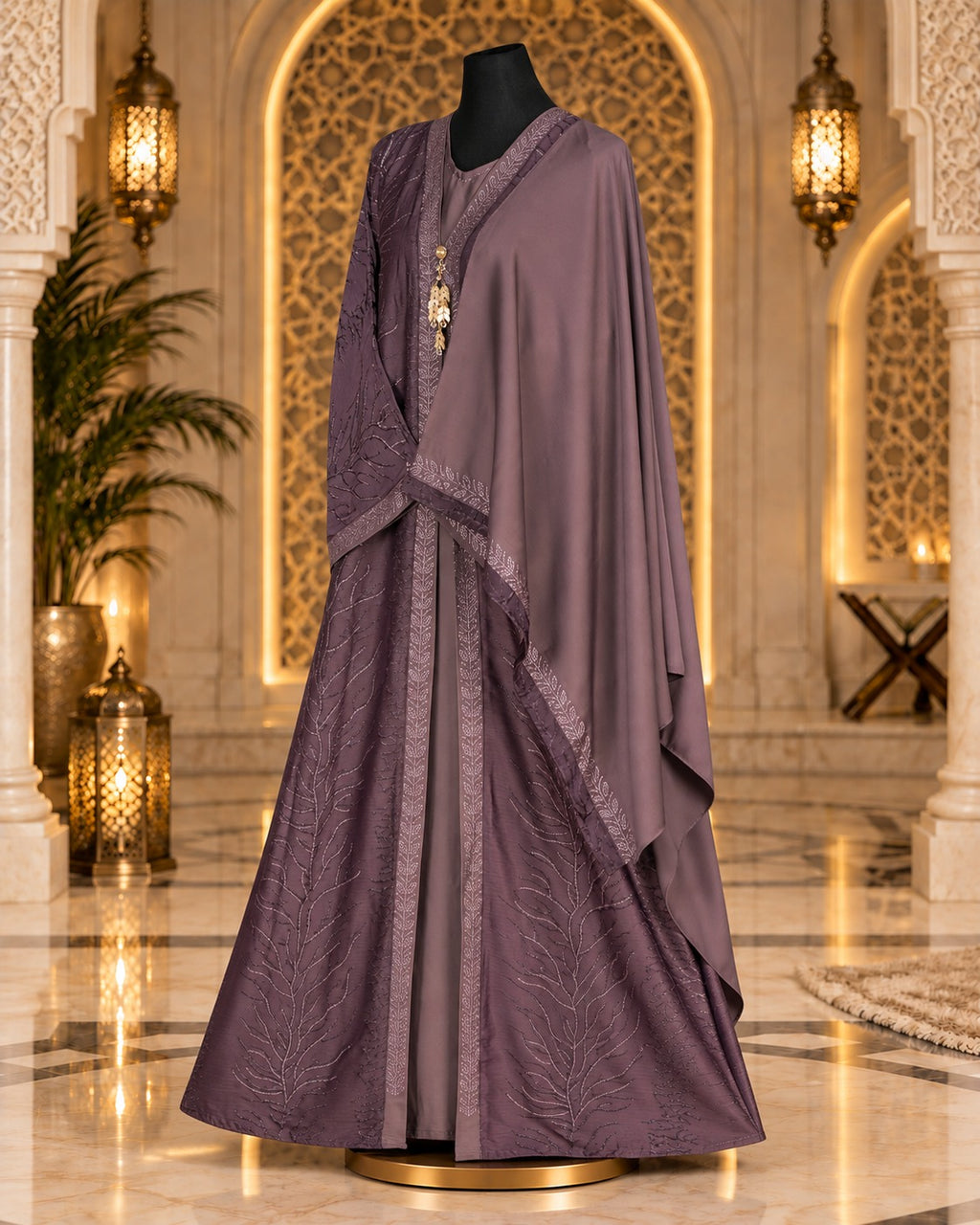 Dusty Plum Embroidered Layered Abaya with Matching Hijab