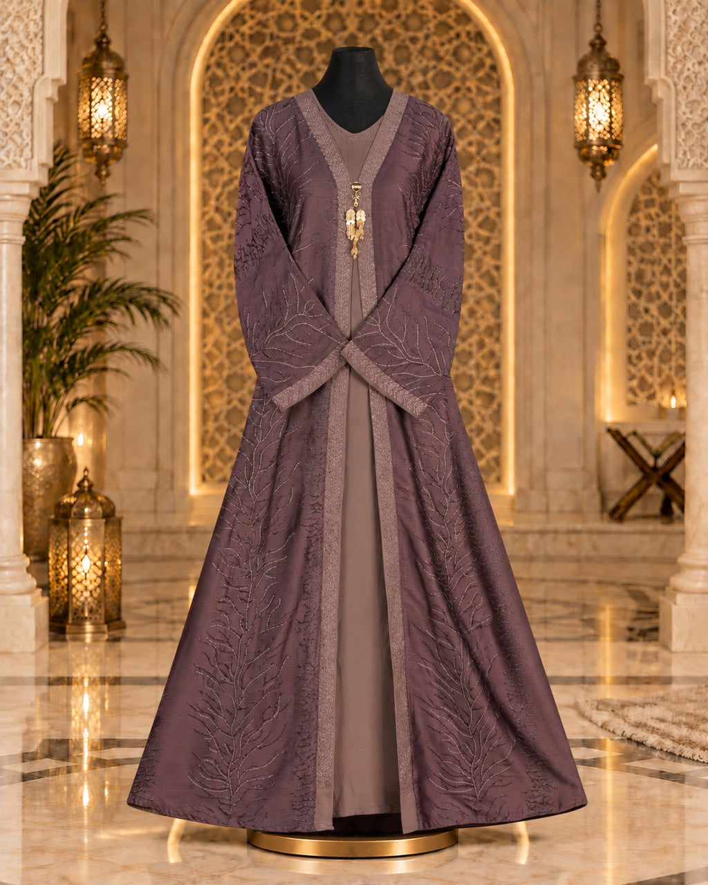Dusty Plum Embroidered Layered Abaya with Matching Hijab