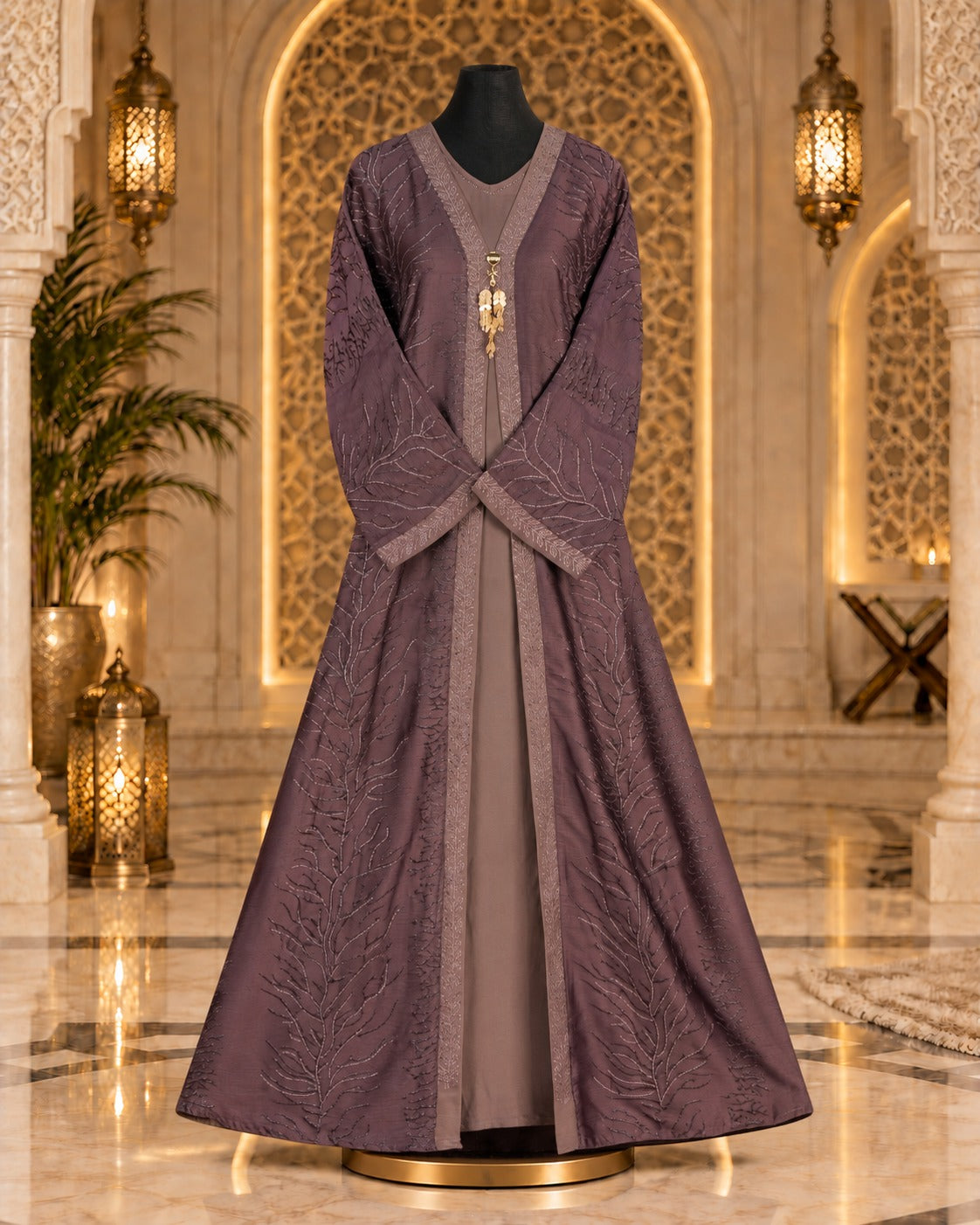 Dusty Plum Embroidered Layered Abaya with Matching Hijab