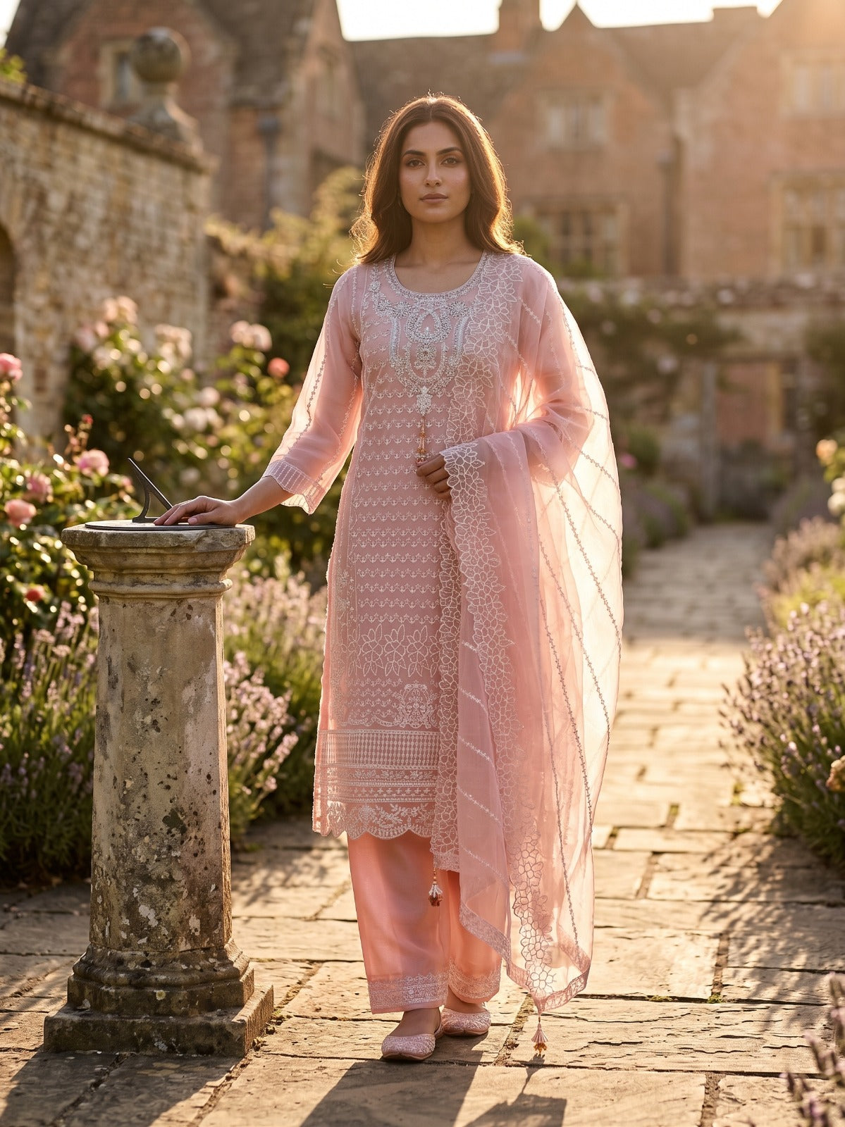 Blush Pink Organza Embroidered Three-Piece Suit