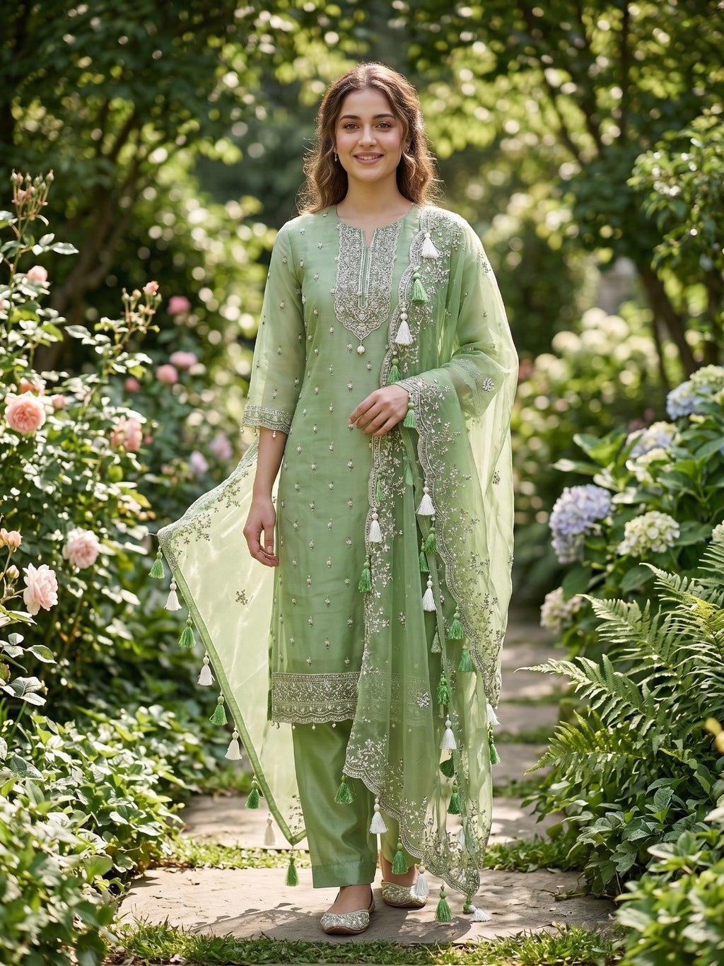 Soft Pistachio Organza Embroidered Three-Piece Suit