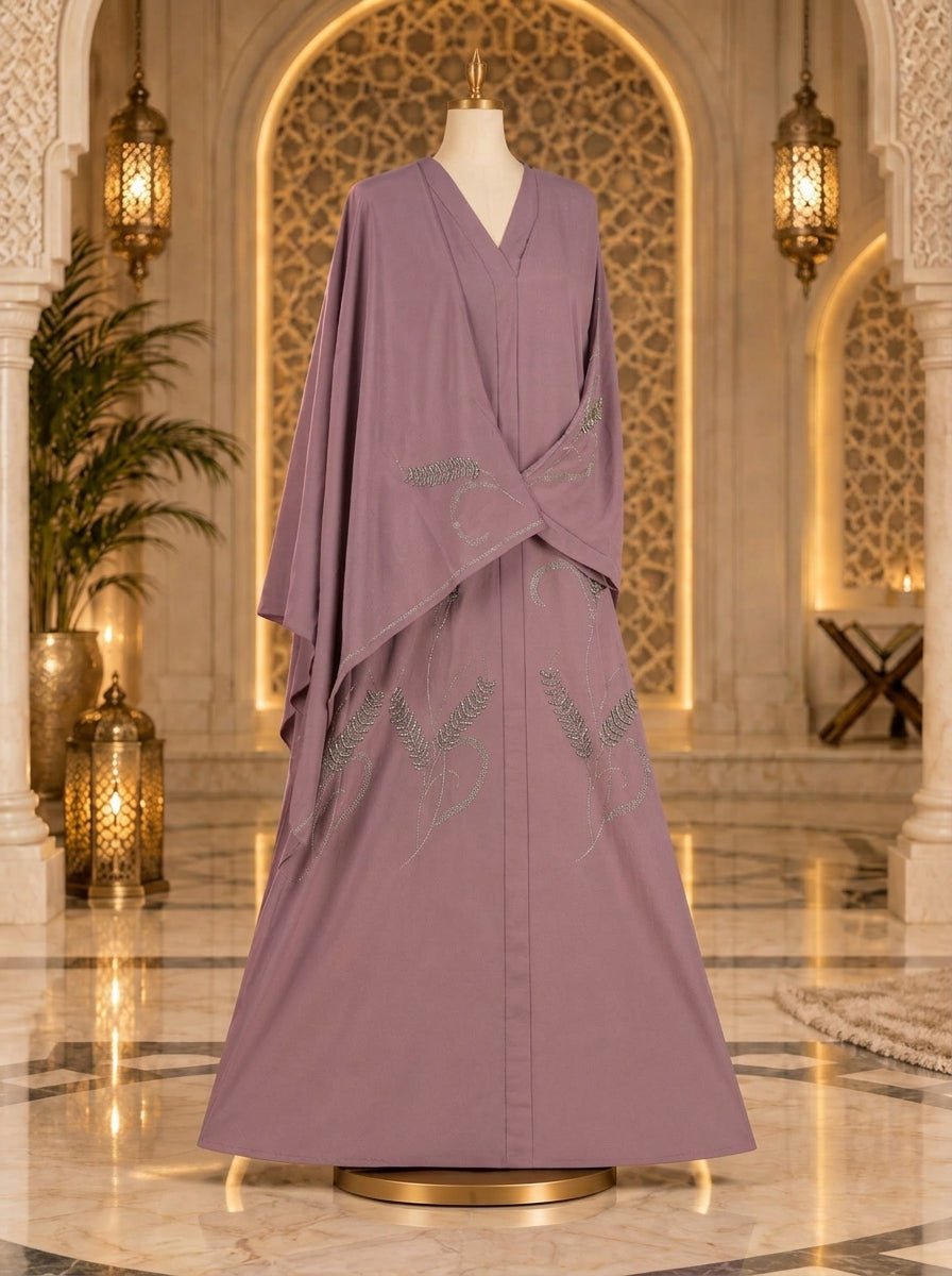 Dusty Mauve Embellished Abaya with Silver Botanical Detailing