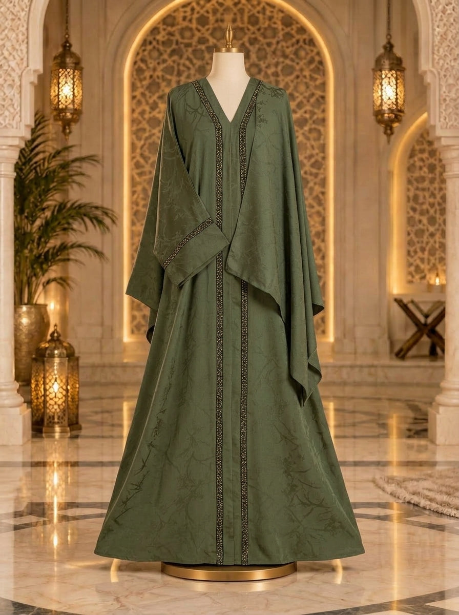 Soft Sage Olive Abaya with Antique Gold Embellished Trim